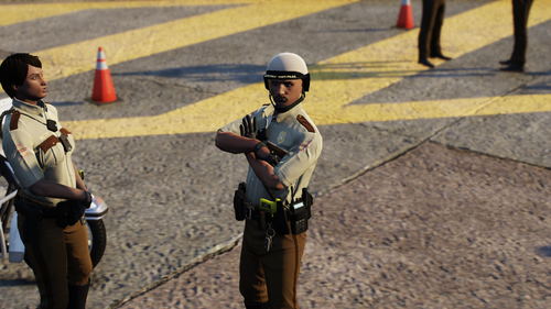 Could contain: clothing, person, outdoor, footwear, helmet, man, ground, road, uniform, security, police officer, law enforcement, street, people, officer