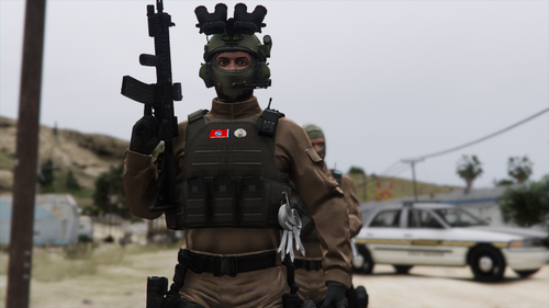 Could contain: outdoor, sky, car, vehicle, land vehicle, weapon, wheel, ballistic vest, tire, person