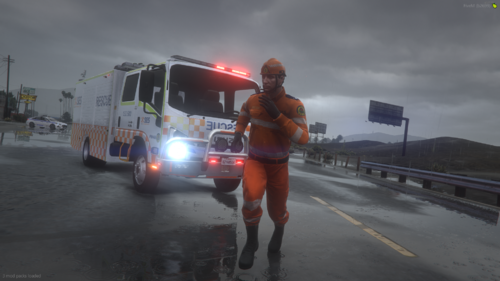 Could contain: sky, outdoor, vehicle, land vehicle, road, cloud, firefighter, truck, wheel, street, text, person, woman