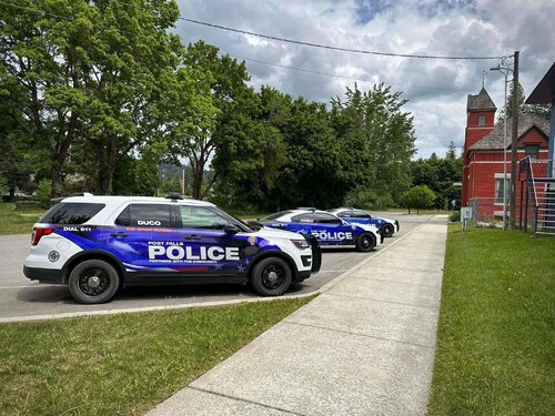 Could contain: outdoor, vehicle, land vehicle, wheel, sky, transport, text, tree, grass, car, tire, road, automotive design, street, police, blue