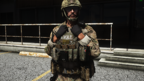 Could contain: clothing, person, soldier, camouflage, military camouflage, military person, army, human face, weapon, military organization, infantry, marines, ballistic vest, rifle, troop, helmet, military officer, squad, gun, outdoor, military uniform, uniform, ground, military