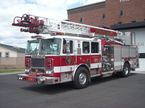 Could contain: fire, vehicle, transport, wheel, land vehicle, outdoor, fire department, emergency service, fire apparatus, firefighter, emergency vehicle, truck, emergency, rescue, sky, fire station, auto part, road, service, red, department, parked, engine