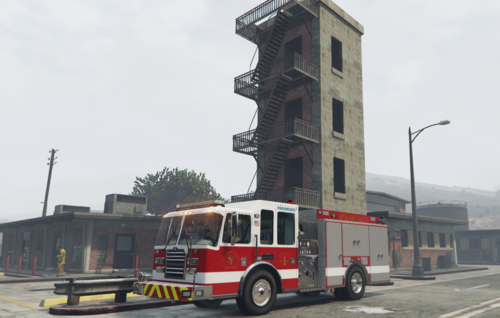 Could contain: sky, outdoor, vehicle, land vehicle, wheel, building, road, firefighter, transport, fire department, fire apparatus, fire, street, red, truck, tower