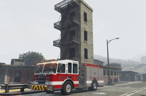 Could contain: outdoor, sky, vehicle, land vehicle, building, wheel, road, firefighter, transport, fire department, fire apparatus, emergency service, street, truck, red, fire, driving, city