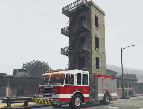 Could contain: sky, outdoor, vehicle, land vehicle, wheel, transport, building, firefighter, road, fire department, fire apparatus, emergency service, fire, emergency vehicle, emergency, truck, street, red, parked