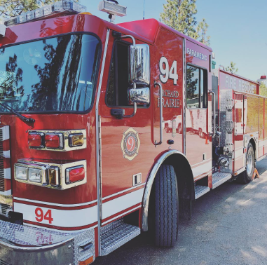 Could contain: transport, vehicle, wheel, land vehicle, outdoor, fire, fire department, emergency service, truck, firefighter, emergency vehicle, fire apparatus, auto part, emergency, rescue, fire station, service, mode of transport, road, red, parked, department