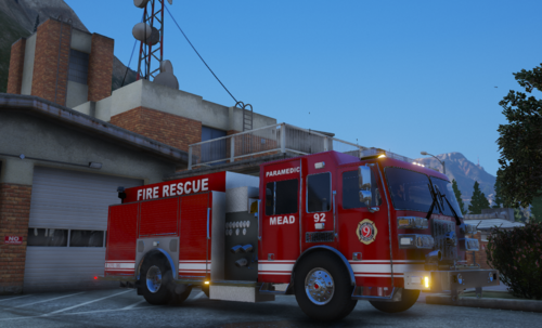 Could contain: fire, outdoor, vehicle, transport, land vehicle, firefighter, fire department, emergency service, fire apparatus, sky, wheel, emergency vehicle, truck, emergency, building, rescue, tree, fire station, road, red, department, parked, street