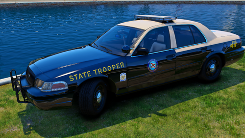 Could contain: vehicle, land vehicle, transport, wheel, grass, outdoor, car, full-size car, sedan, police car, ford, tire, law enforcement, police, parked