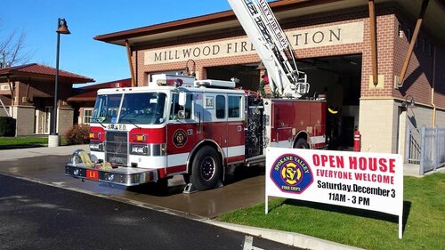 Could contain: outdoor, vehicle, wheel, land vehicle, fire, transport, firefighter, emergency service, fire department, fire apparatus, emergency vehicle, text, truck, building, emergency, road, fire station, rescue, department, grass, red, parked