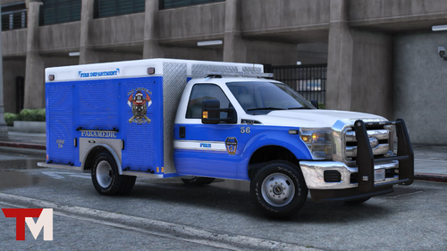 Could contain: vehicle, transport, land vehicle, wheel, tire, motor vehicle, auto part, outdoor, truck, building, emergency service, commercial vehicle, light commercial vehicle, emergency vehicle, bumper, road, blue, parked