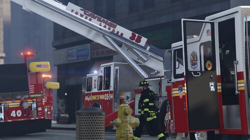 Could contain: firefighter, fire department, emergency service, fire, fire apparatus, emergency, vehicle, emergency vehicle, rescue, outdoor, building, service, land vehicle, fire station, transport, truck, red, city