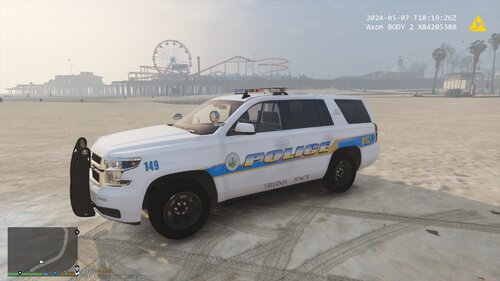 Could contain: vehicle, wheel, land vehicle, transport, tire, sky, text, outdoor, sport utility vehicle, bumper, auto part, automotive tire, ground, police, parked, car