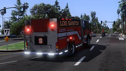 Could contain: outdoor, vehicle, transport, land vehicle, road, sky, tree, wheel, firefighter, truck, fire apparatus, fire department, emergency service, road surface, emergency vehicle, street, fire, asphalt, tarmac, light, mode of transport, red, department