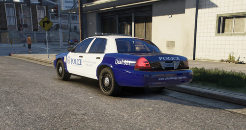 Could contain: vehicle, land vehicle, wheel, outdoor, text, vehicle registration plate, road, tire, full-size car, transport, police car, mid-size car, building, car, family car, sedan, police, street, blue