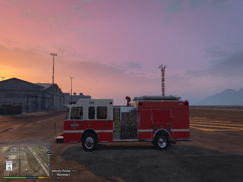 Could contain: transport, vehicle, sky, outdoor, truck, land vehicle, wheel, cloud, fire, firefighter, fire department, fire apparatus, red, aerial, sunset