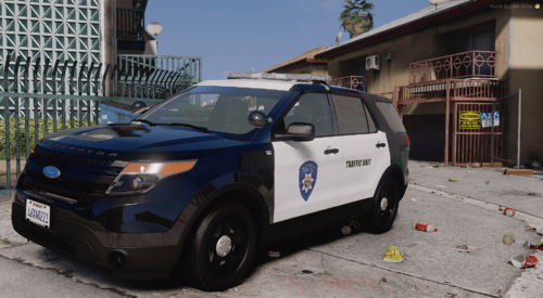 Could contain: land vehicle, vehicle, outdoor, wheel, tire, building, text, bumper, sport utility vehicle, transport, car, motor vehicle, compact sport utility vehicle, auto part, vehicle registration plate, police, ford, nissan, hatchback, fender, ground, parked